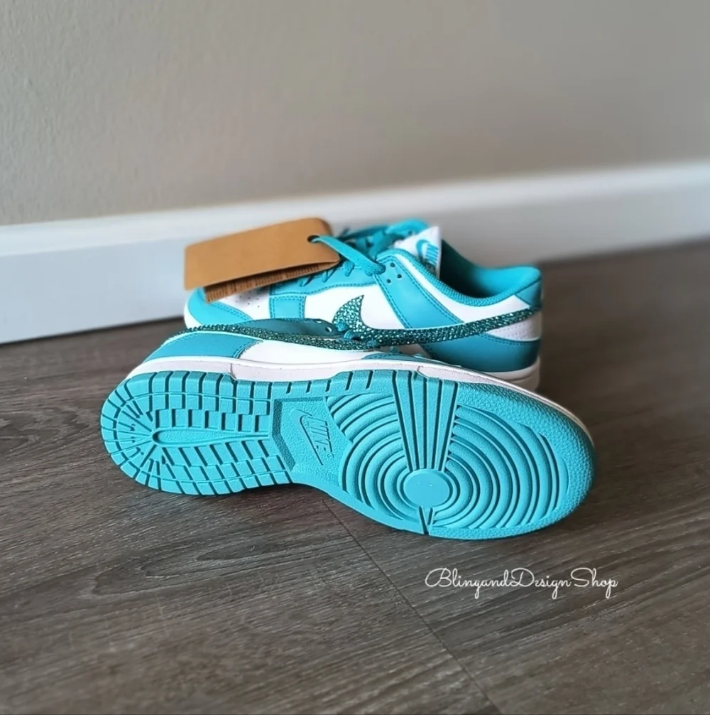Nike Dunk Low Womens Teal Sneakers Shoes Customized with Swarovski Crystals